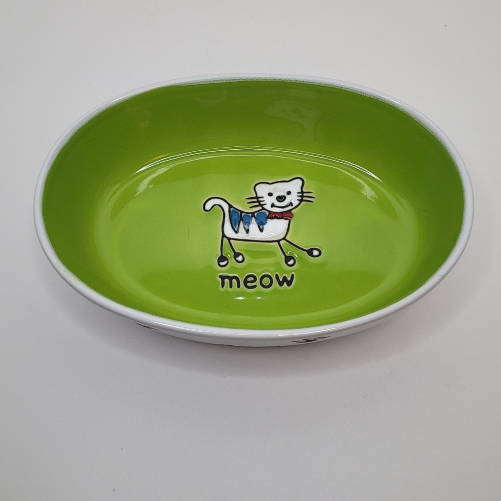 Green Oval Cat Bowl with Cartoon Cat Design and Paw Prints
